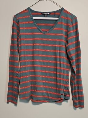 Toad&Co Teal Long-Sleeve V-Neck Top Blue with Orange Stripes